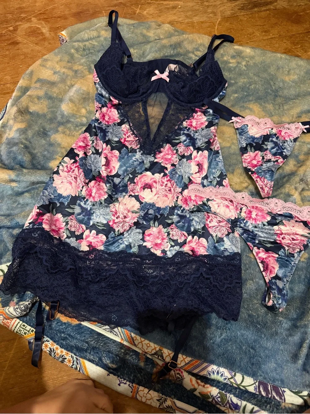Victoria secret second skin Floral Lace Chemise with Garter Straps - Navy & Pink